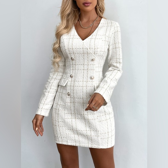 New  White Gold Tweed Dress Long Sleeve Ornamental Buttons Back Zip S - Picture 3 of 14